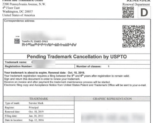 A detail of a scam renewal notice sent to one of our clients from patentandtrademarkoffice.us
