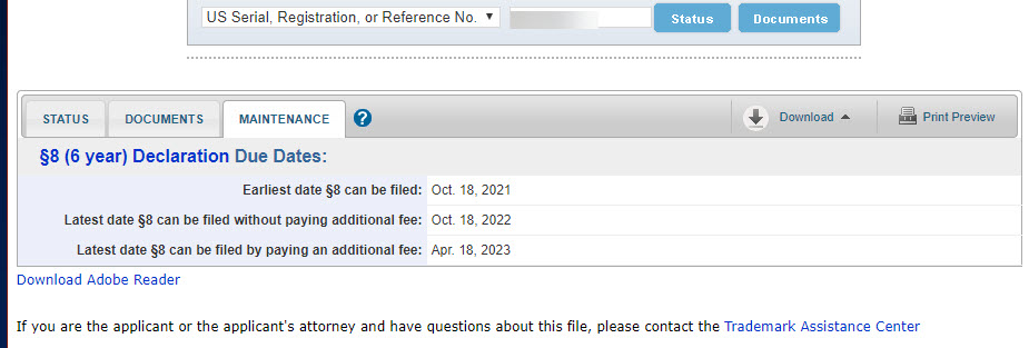A screen capture of the USPTO website showing the actual deadlines for renewal